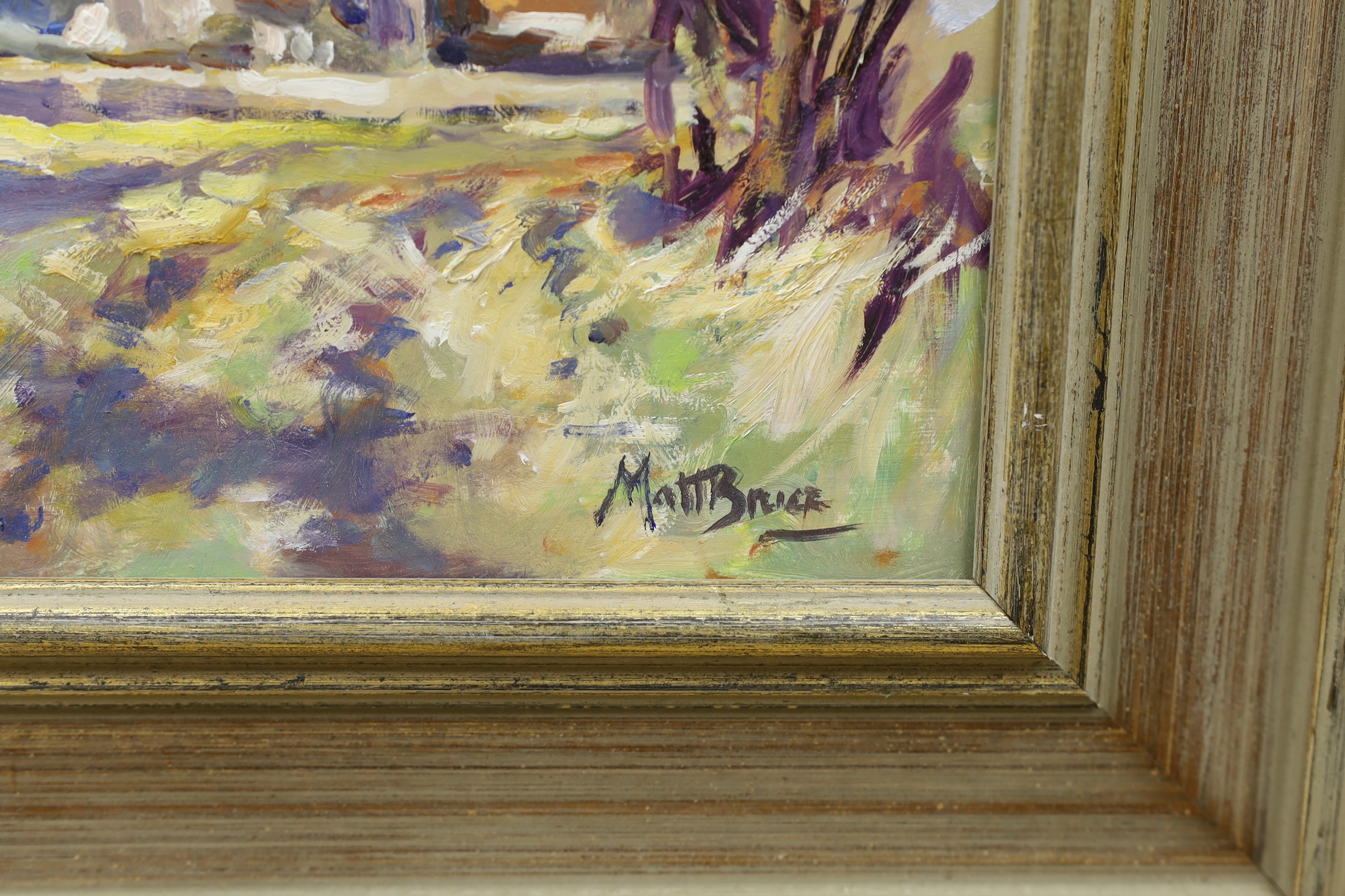 Matt Bruce (1915-2000), Impressionist oil on board, Farm landscape, signed, 24 x 29cm